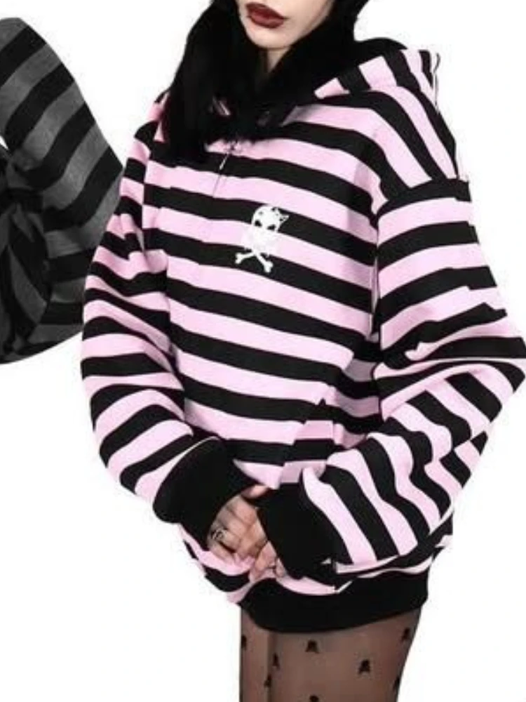 Streetwear Women Hoodies Y2k Tops 2025 Ropa Mujer Fashion Striped Hooded Sweatshirts Jackets Skull Casual Fashion Goth Hoodie