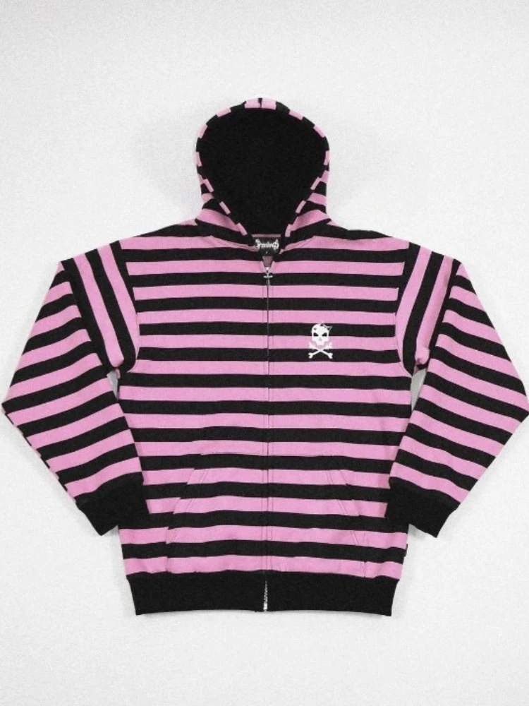Streetwear Women Hoodies Y2k Tops 2025 Ropa Mujer Fashion Striped Hooded Sweatshirts Jackets Skull Casual Fashion Goth Hoodie