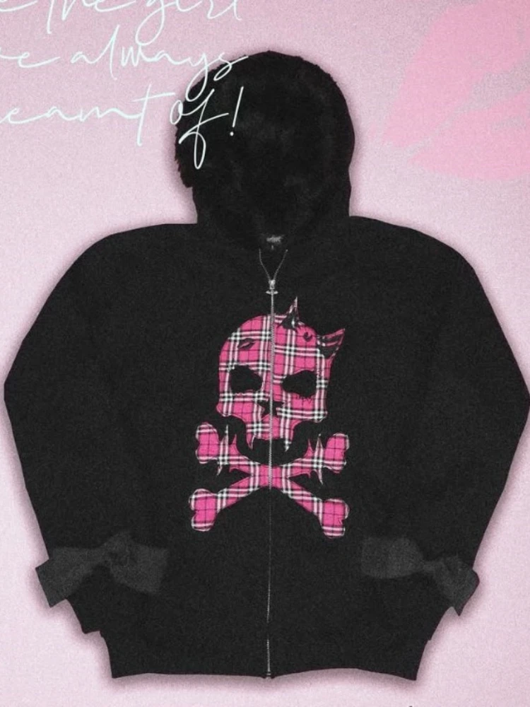 Streetwear Women Hoodies Y2k Tops 2025 Ropa Mujer Fashion Striped Hooded Sweatshirts Jackets Skull Casual Fashion Goth Hoodie