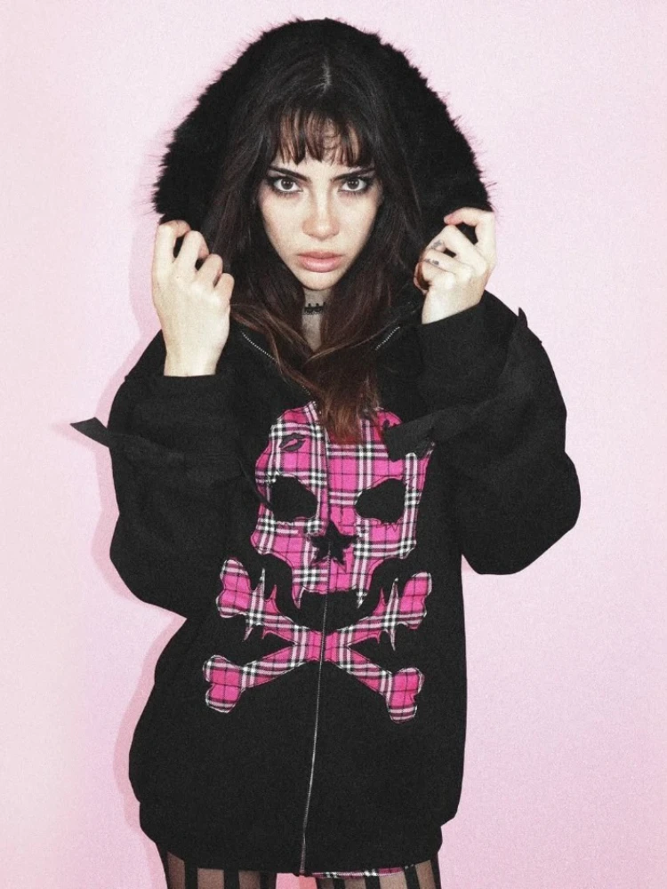 Streetwear Women Hoodies Y2k Tops 2025 Ropa Mujer Fashion Striped Hooded Sweatshirts Jackets Skull Casual Fashion Goth Hoodie