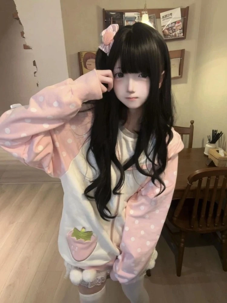 Japanese Kawaii Rabbit Ears Hoodies Tops Women Design Loose Dot Lace Patchwork Cute Coat Harajuku Chic Sweet Lovely ​Sweatshirts