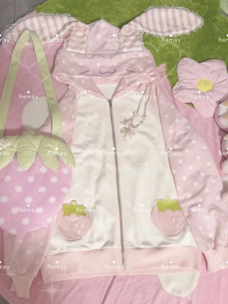 Japanese Kawaii Rabbit Ears Hoodies Tops Women Design Loose Dot Lace Patchwork Cute Coat Harajuku Chic Sweet Lovely ​Sweatshirts