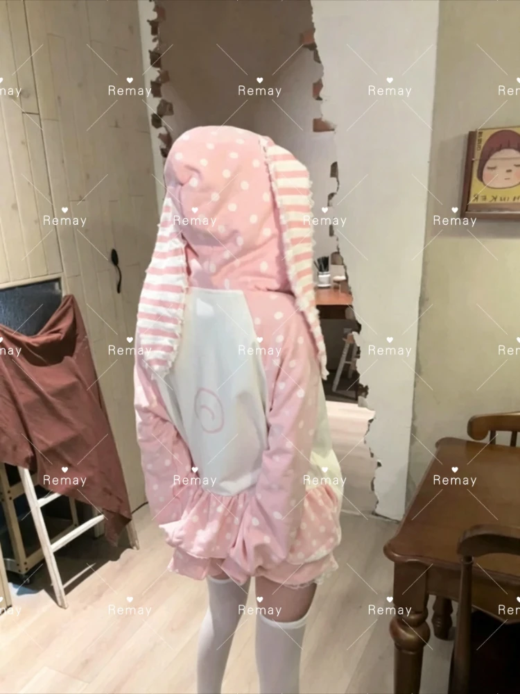 Japanese Kawaii Rabbit Ears Hoodies Tops Women Design Loose Dot Lace Patchwork Cute Coat Harajuku Chic Sweet Lovely ​Sweatshirts