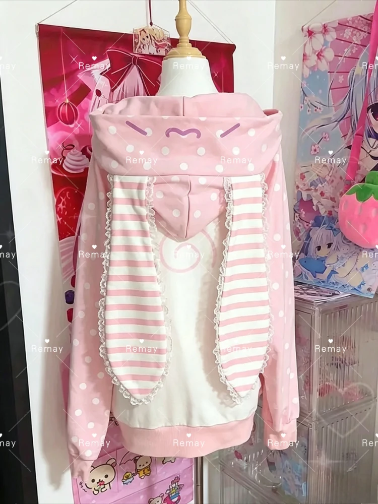 Japanese Kawaii Rabbit Ears Hoodies Tops Women Design Loose Dot Lace Patchwork Cute Coat Harajuku Chic Sweet Lovely ​Sweatshirts
