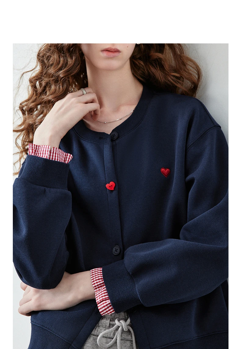 TOYOUTH Women's Air Cotton Sweatshirt Jacket 2026 Autumn New Plaid Patchwork Heart Embroidery College