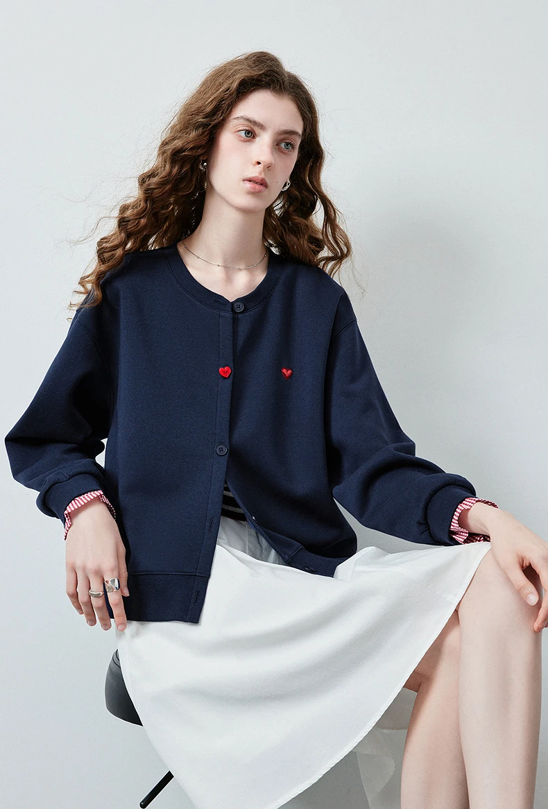 TOYOUTH Women's Air Cotton Sweatshirt Jacket 2026 Autumn New Plaid Patchwork Heart Embroidery College