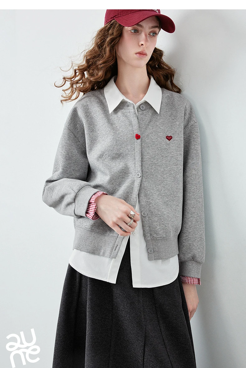 TOYOUTH Women's Air Cotton Sweatshirt Jacket 2026 Autumn New Plaid Patchwork Heart Embroidery College