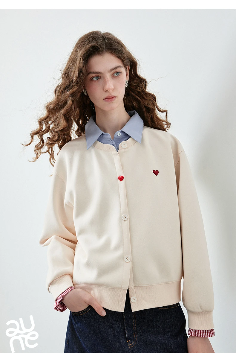 TOYOUTH Women's Air Cotton Sweatshirt Jacket 2026 Autumn New Plaid Patchwork Heart Embroidery College