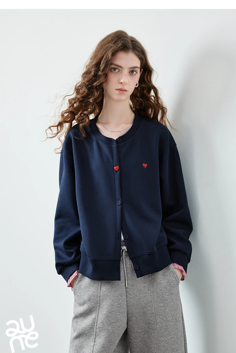 TOYOUTH Women's Air Cotton Sweatshirt Jacket 2026 Autumn New Plaid Patchwork Heart Embroidery College