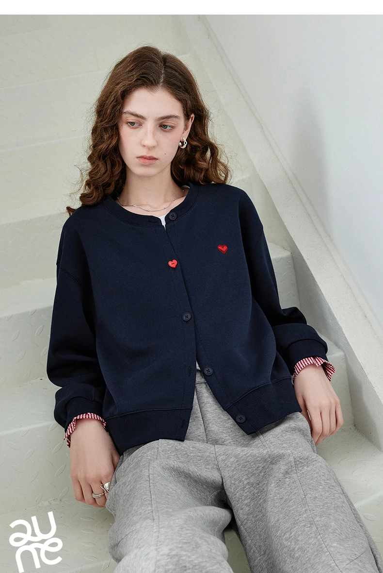 TOYOUTH Women's Air Cotton Sweatshirt Jacket 2026 Autumn New Plaid Patchwork Heart Embroidery College
