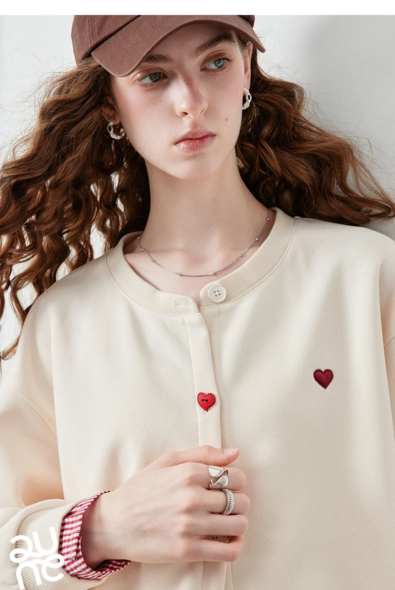TOYOUTH Women's Air Cotton Sweatshirt Jacket 2026 Autumn New Plaid Patchwork Heart Embroidery College
