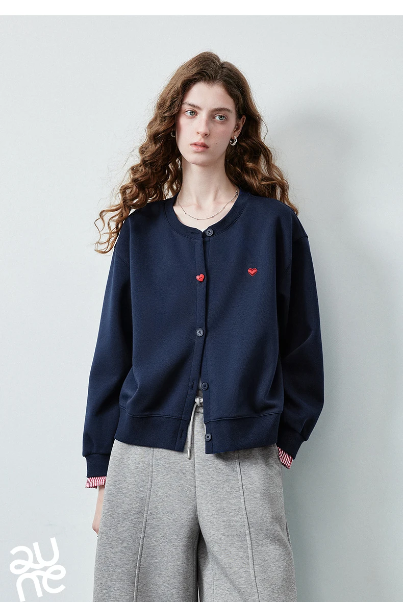 TOYOUTH Women's Air Cotton Sweatshirt Jacket 2026 Autumn New Plaid Patchwork Heart Embroidery College