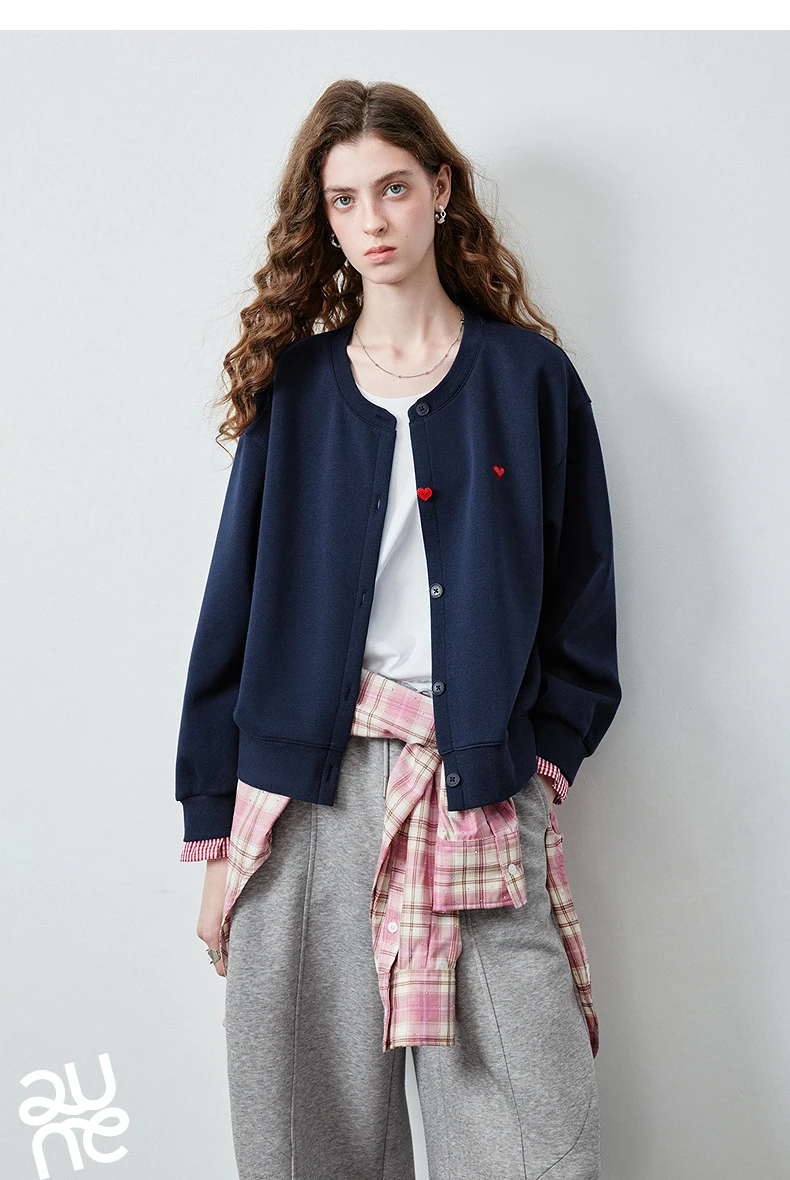 TOYOUTH Women's Air Cotton Sweatshirt Jacket 2026 Autumn New Plaid Patchwork Heart Embroidery College