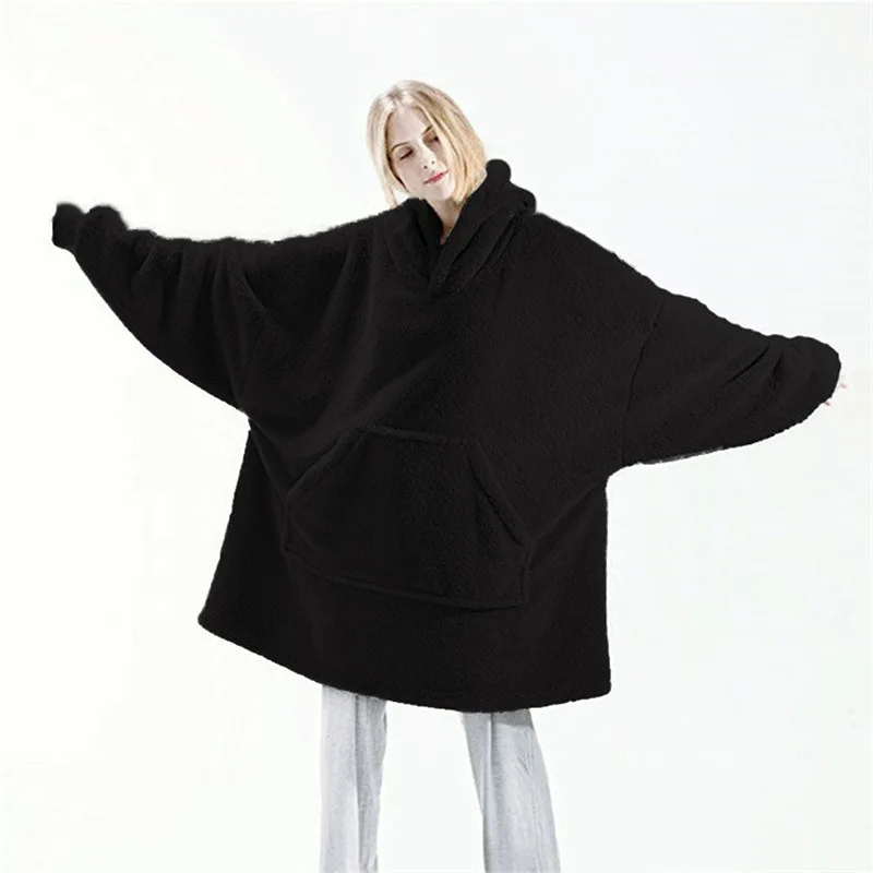 New Winter Women Double-faced Fleece Hoodie Blanket Oversize Large Pocket Warm Couple Loose Sweatshirts Women And Men Robe