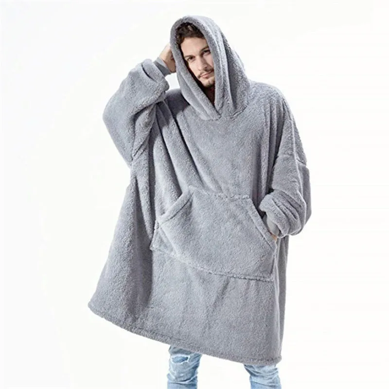 New Winter Women Double-faced Fleece Hoodie Blanket Oversize Large Pocket Warm Couple Loose Sweatshirts Women And Men Robe