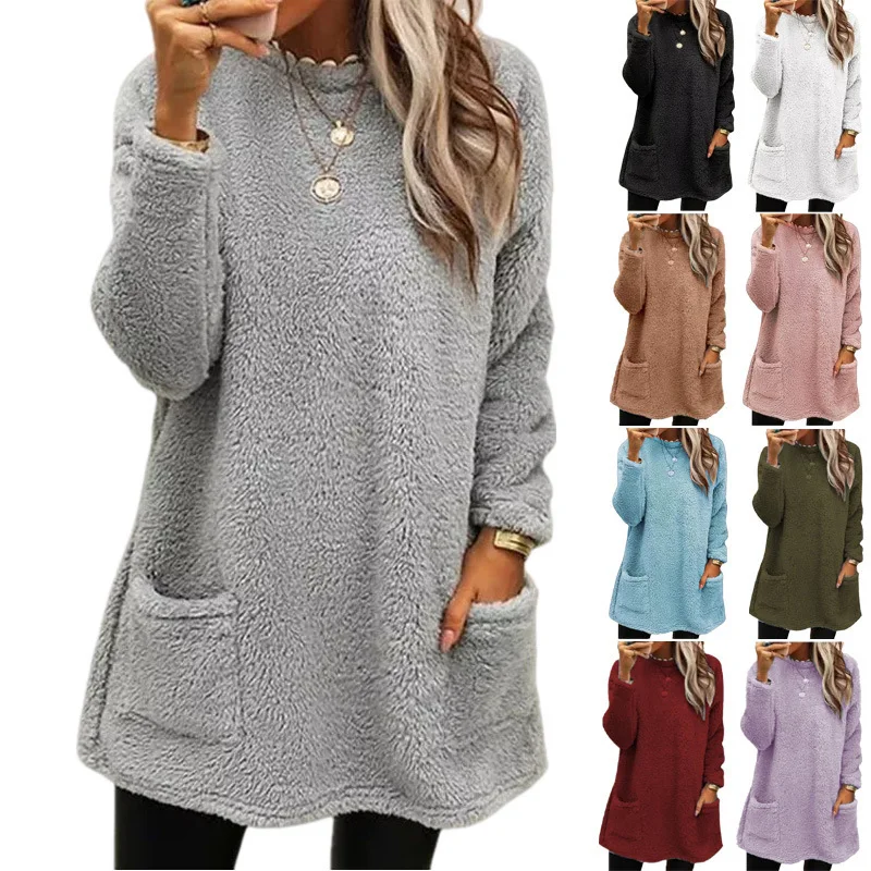 2025 Autumn Winter Women Warm Coat Streetwear Fleece Pocket Thinken Sweatershirt Autumn Female Casual Loose Outfits Casual Tops