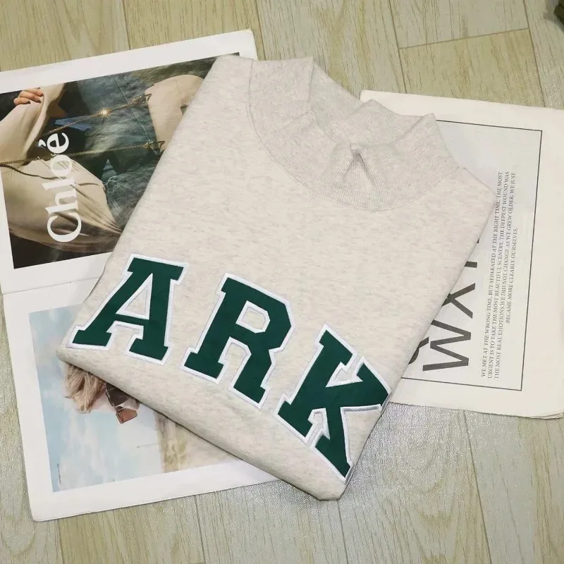 Flordevida Gray sweatshirt with Classic Style Letter embroidery for Women crew neck cotton long sleeve casual sweatshirt female