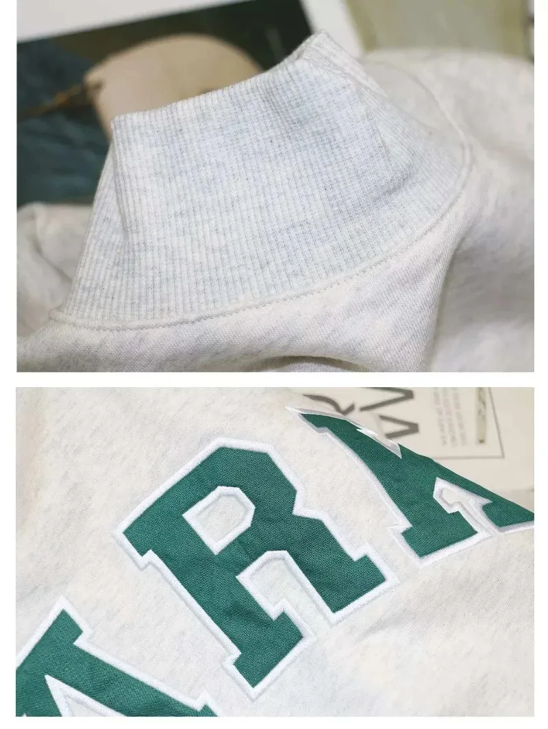 Flordevida Gray sweatshirt with Classic Style Letter embroidery for Women crew neck cotton long sleeve casual sweatshirt female