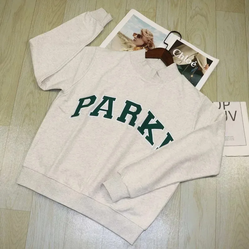 Flordevida Gray sweatshirt with Classic Style Letter embroidery for Women crew neck cotton long sleeve casual sweatshirt female
