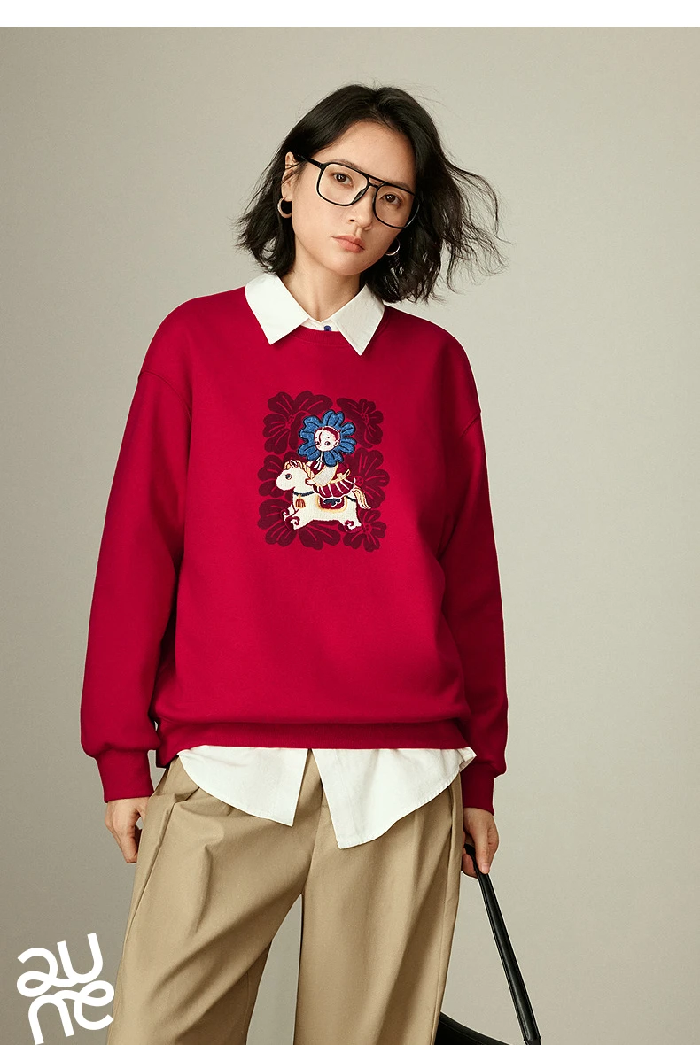 TOYOUTH Mengzhu Daji New Year Co-branded Hoodie for Women 2025 Winter New Pellet Fleece Velvet Loose Year of the Horse Top