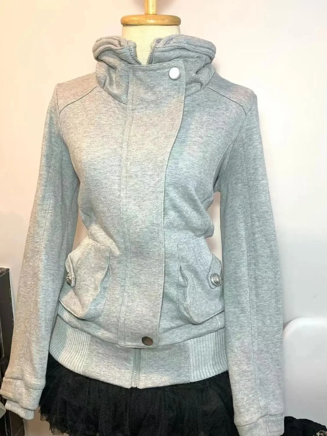 Retro Gray Sweatshirt For Women Vintage High-End Fashion Hoodie Sweatshirt Spring Autumn Women Hooded Jacket 2025 New Women Coat