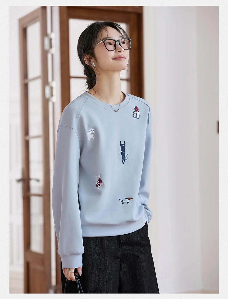 VIMLY Funny Graphic Sweatshirt 2026 Woman Blue Cat and Dog Embroidery Spring Autumn Casual Crew Neck Tops Female Clothes A0779