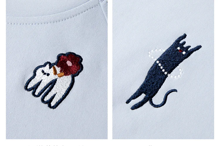 VIMLY Funny Graphic Sweatshirt 2026 Woman Blue Cat and Dog Embroidery Spring Autumn Casual Crew Neck Tops Female Clothes A0779