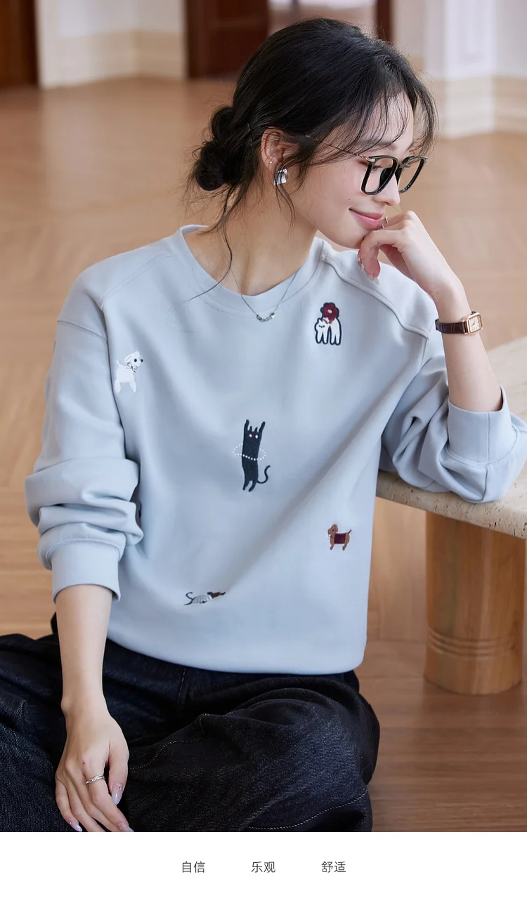 VIMLY Funny Graphic Sweatshirt 2026 Woman Blue Cat and Dog Embroidery Spring Autumn Casual Crew Neck Tops Female Clothes A0779