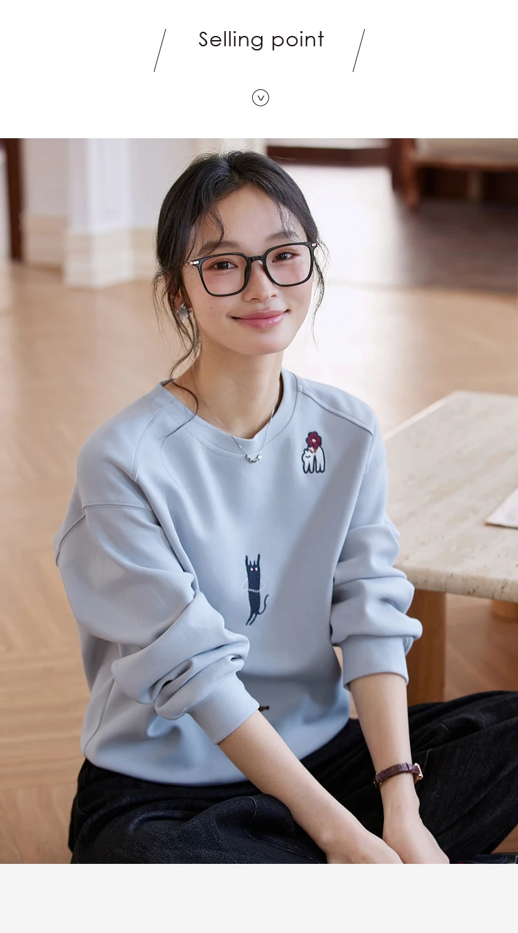 VIMLY Funny Graphic Sweatshirt 2026 Woman Blue Cat and Dog Embroidery Spring Autumn Casual Crew Neck Tops Female Clothes A0779