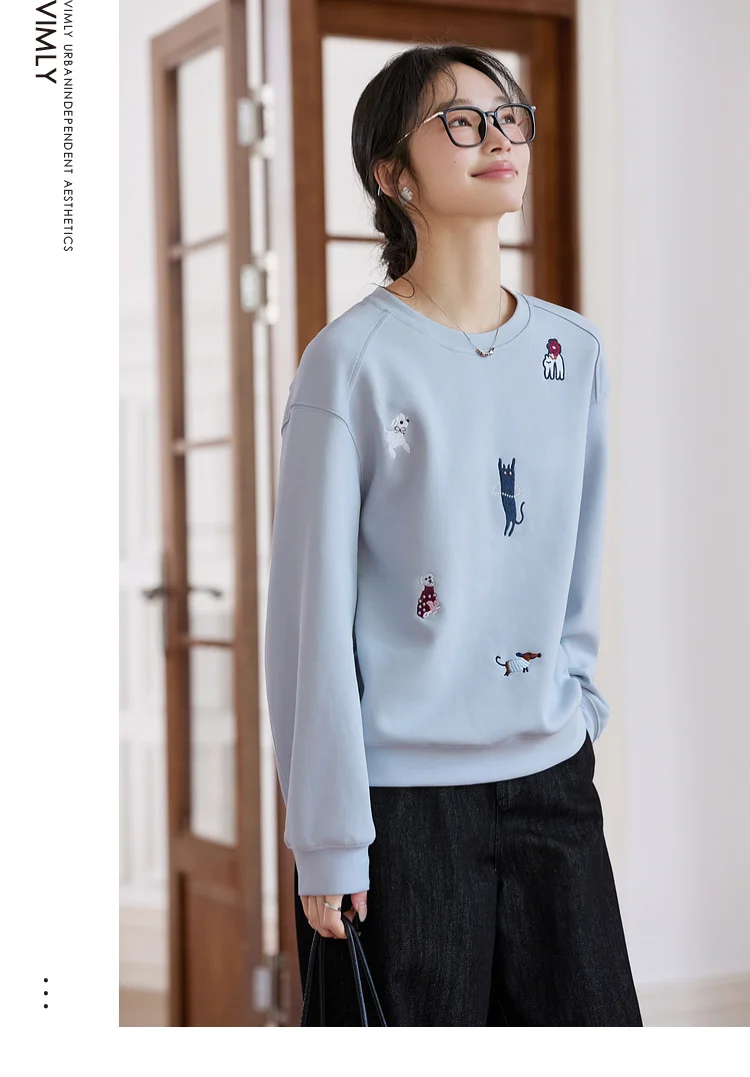 VIMLY Funny Graphic Sweatshirt 2026 Woman Blue Cat and Dog Embroidery Spring Autumn Casual Crew Neck Tops Female Clothes A0779