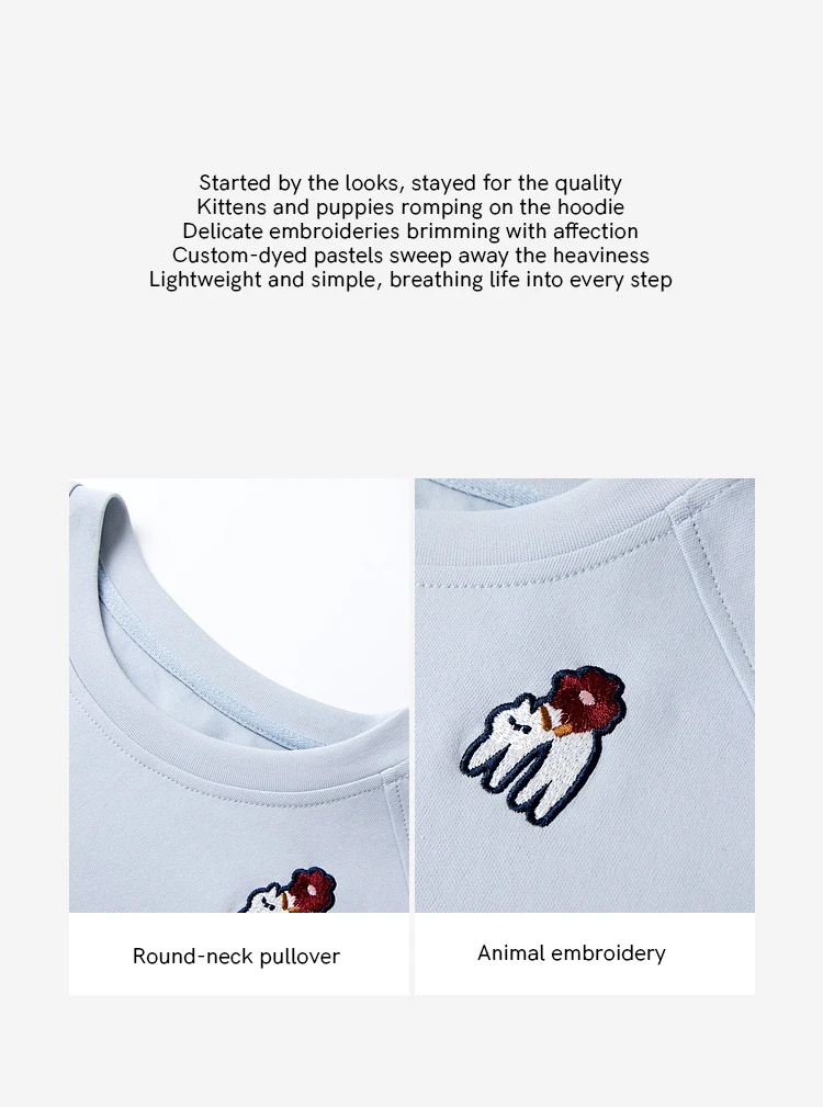 VIMLY Funny Graphic Sweatshirt 2026 Woman Blue Cat and Dog Embroidery Spring Autumn Casual Crew Neck Tops Female Clothes A0779