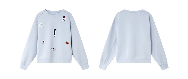 VIMLY Funny Graphic Sweatshirt 2026 Woman Blue Cat and Dog Embroidery Spring Autumn Casual Crew Neck Tops Female Clothes A0779
