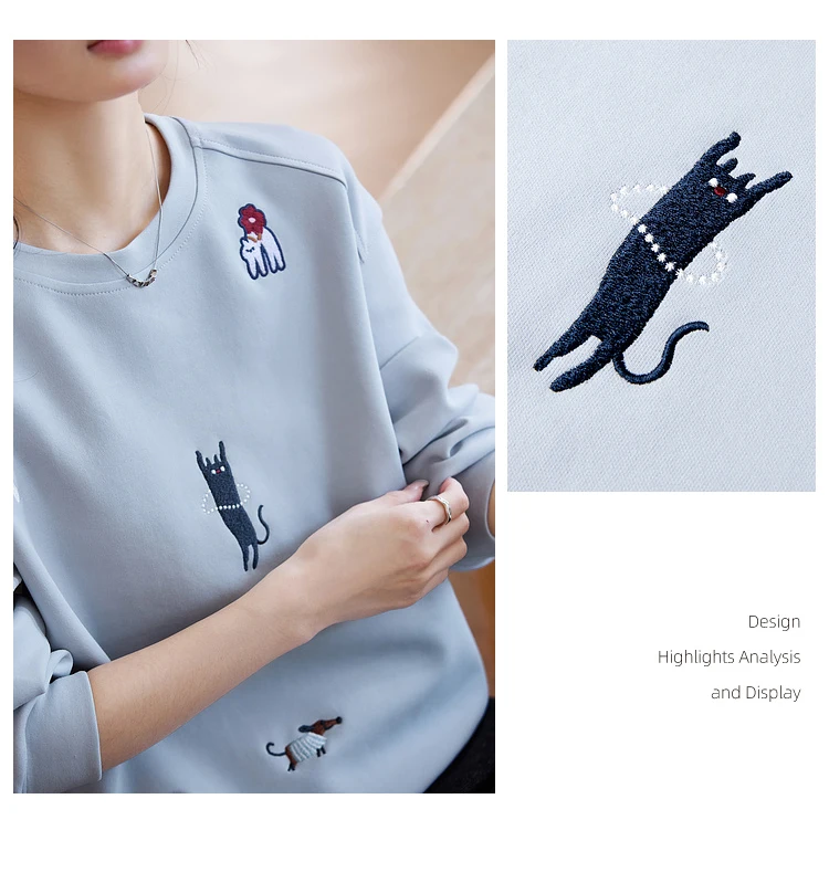 VIMLY Funny Graphic Sweatshirt 2026 Woman Blue Cat and Dog Embroidery Spring Autumn Casual Crew Neck Tops Female Clothes A0779