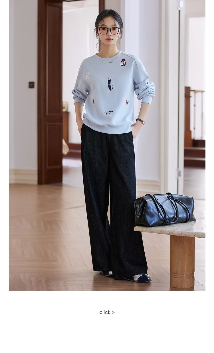 VIMLY Funny Graphic Sweatshirt 2026 Woman Blue Cat and Dog Embroidery Spring Autumn Casual Crew Neck Tops Female Clothes A0779