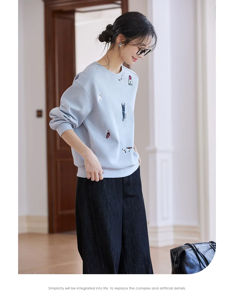 VIMLY Funny Graphic Sweatshirt 2026 Woman Blue Cat and Dog Embroidery Spring Autumn Casual Crew Neck Tops Female Clothes A0779