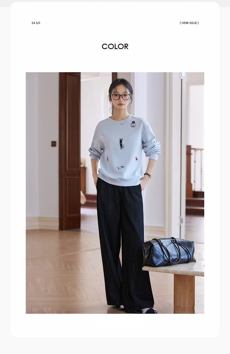 VIMLY Funny Graphic Sweatshirt 2026 Woman Blue Cat and Dog Embroidery Spring Autumn Casual Crew Neck Tops Female Clothes A0779