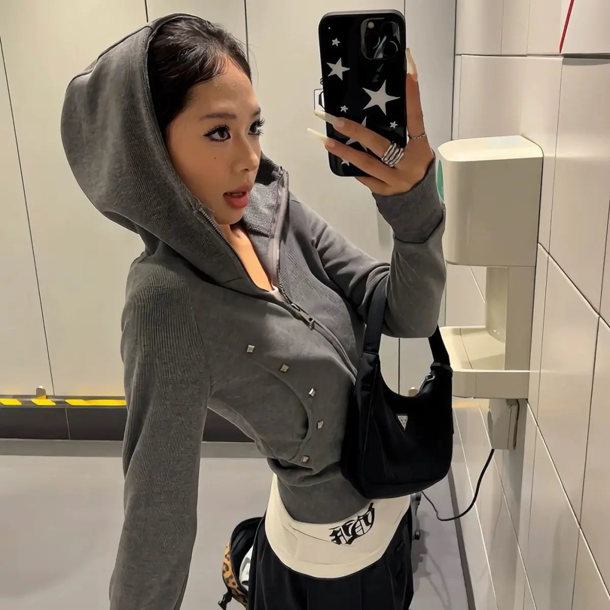 Harajuku Casual Rivet Hooded Hoodies 2025 Autumn Women Y2k Aesthetic Dual Zippers Streetwear Coats Grunge Slim Fit Sweatshirts