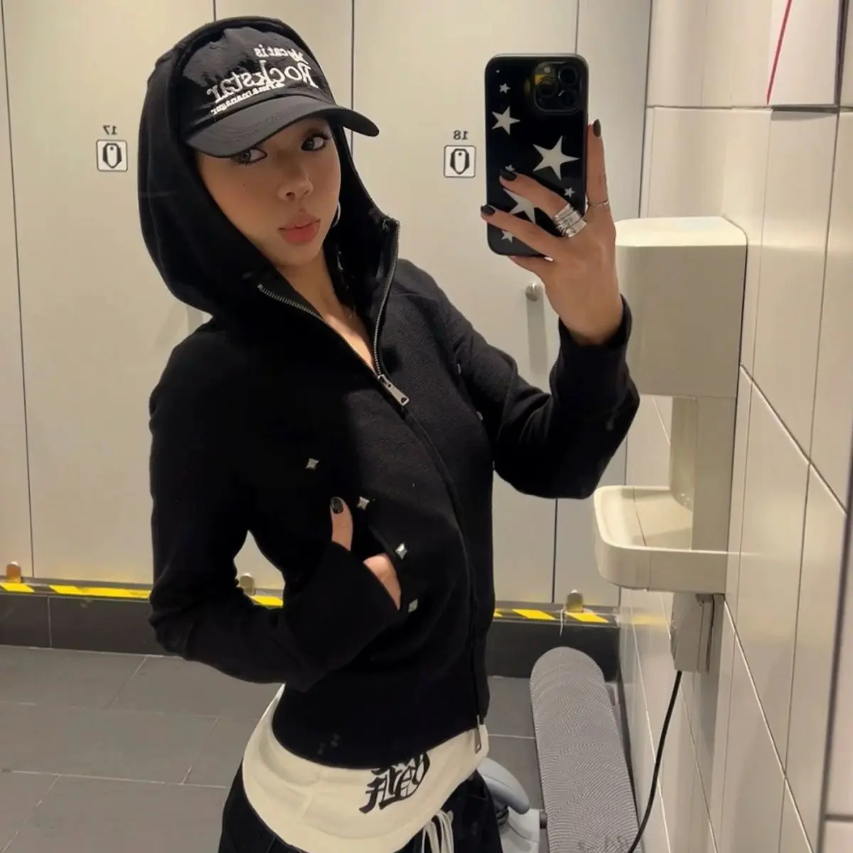 Harajuku Casual Rivet Hooded Hoodies 2025 Autumn Women Y2k Aesthetic Dual Zippers Streetwear Coats Grunge Slim Fit Sweatshirts