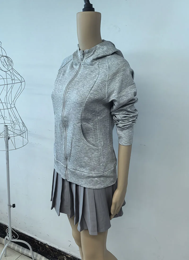 Gray Zipper Hooded Sweatshirt Women 2026 New Korean Slim Fit Cardigan Long Sleeve Coat Woman Solid Pockets Sports Hoodies Jacket