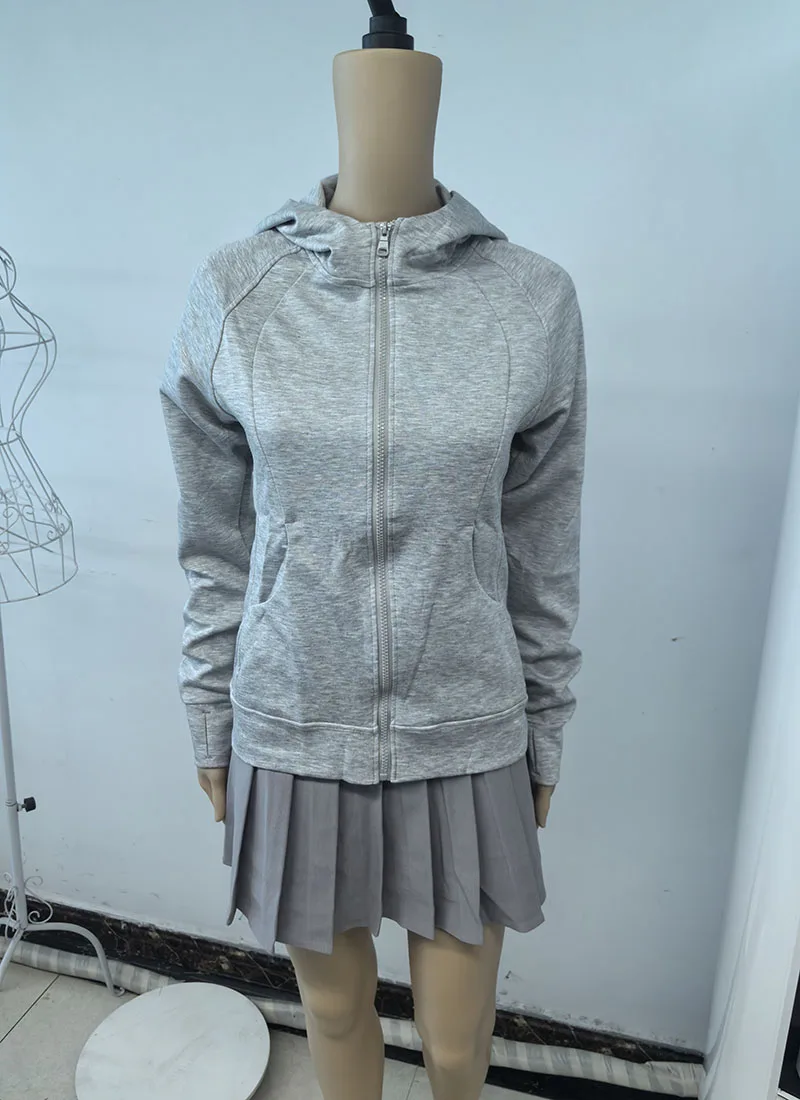 Gray Zipper Hooded Sweatshirt Women 2026 New Korean Slim Fit Cardigan Long Sleeve Coat Woman Solid Pockets Sports Hoodies Jacket