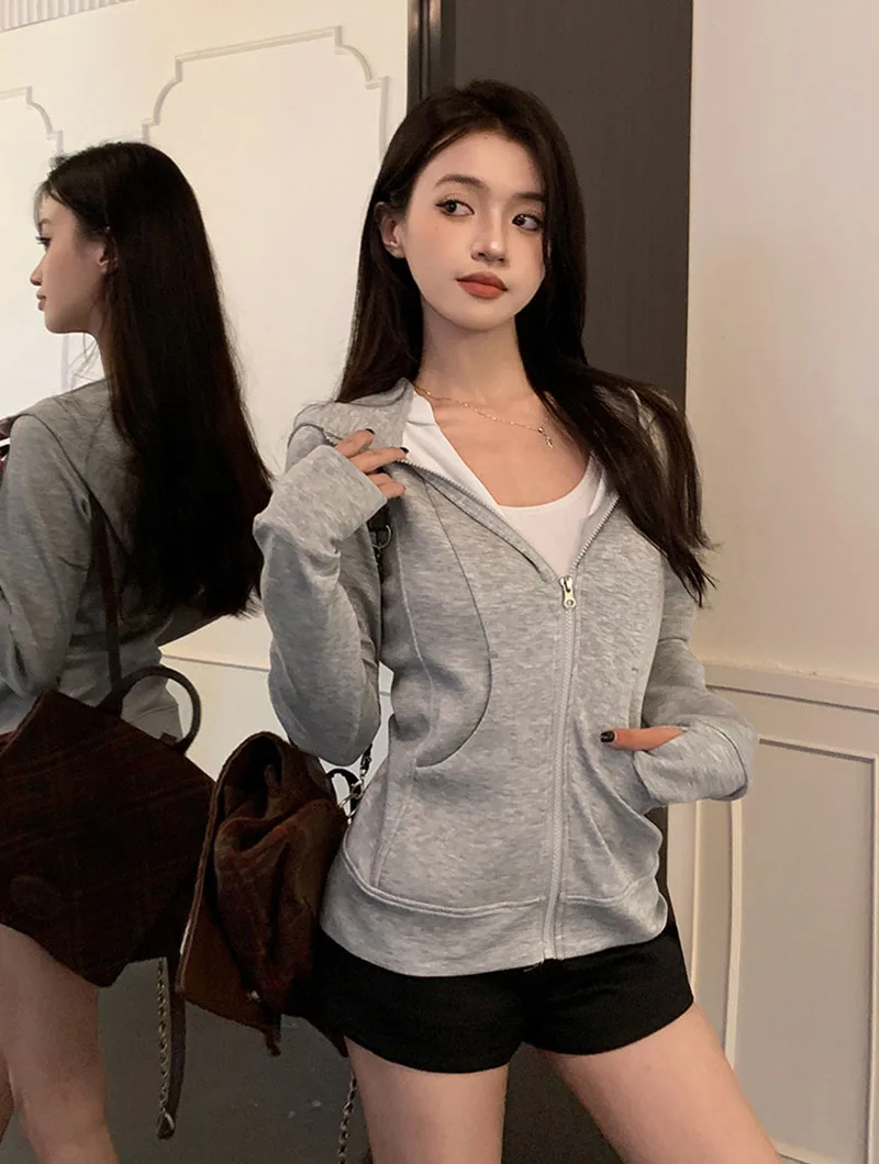 Gray Zipper Hooded Sweatshirt Women 2026 New Korean Slim Fit Cardigan Long Sleeve Coat Woman Solid Pockets Sports Hoodies Jacket