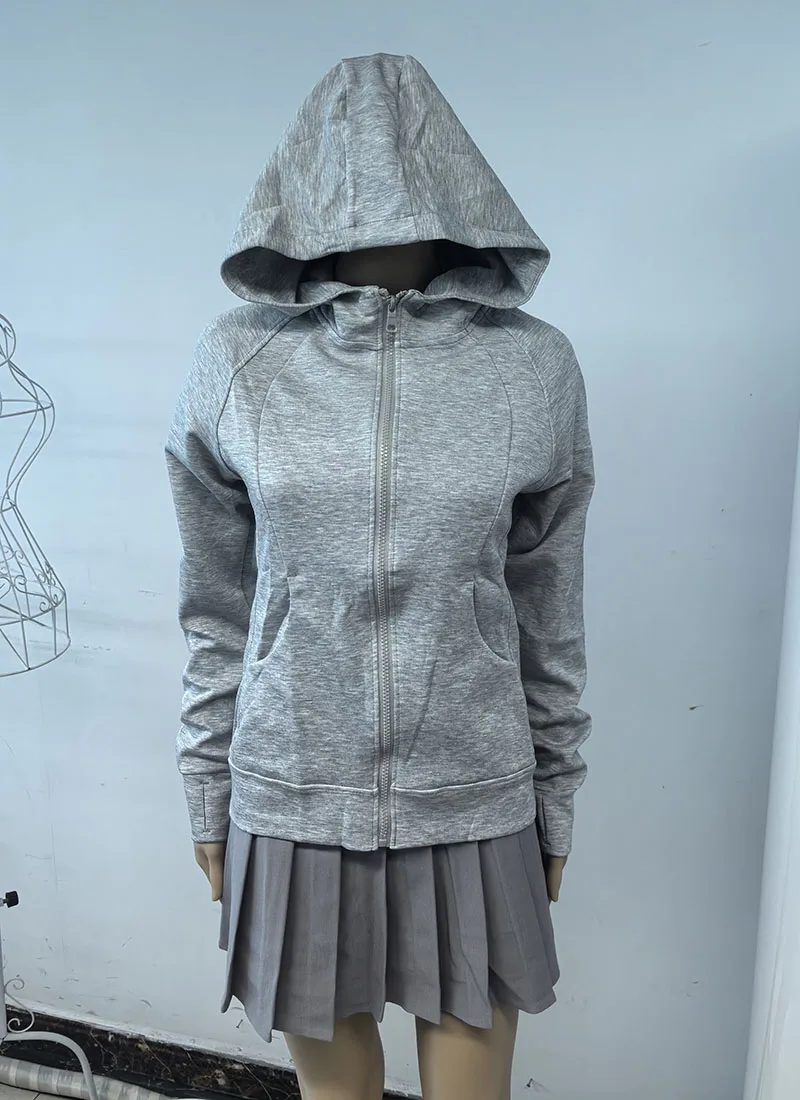 Gray Zipper Hooded Sweatshirt Women 2026 New Korean Slim Fit Cardigan Long Sleeve Coat Woman Solid Pockets Sports Hoodies Jacket