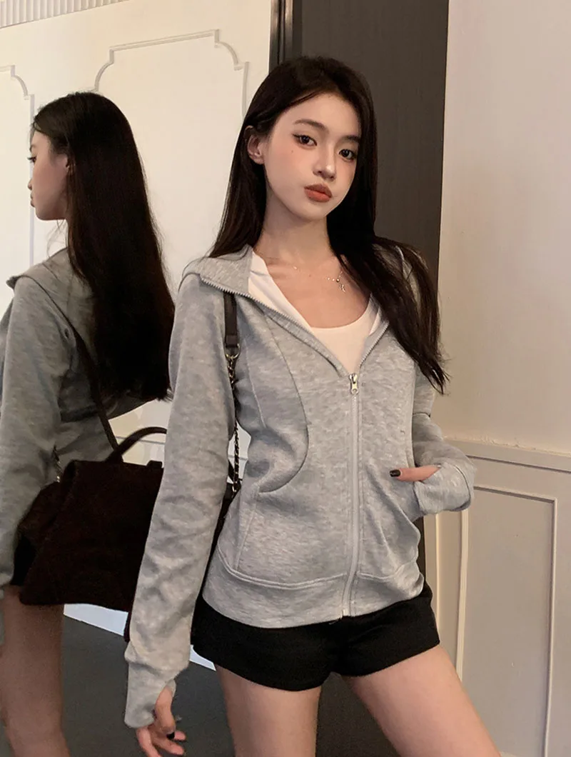Gray Zipper Hooded Sweatshirt Women 2026 New Korean Slim Fit Cardigan Long Sleeve Coat Woman Solid Pockets Sports Hoodies Jacket