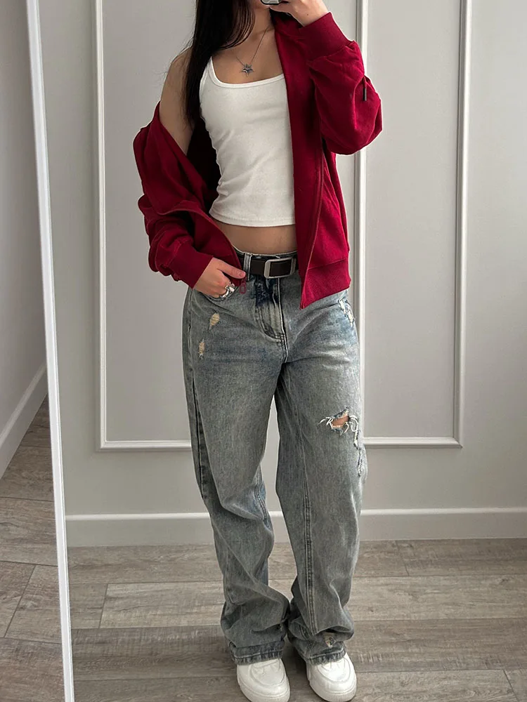 Hoodies Oversized Zip Up Sweatshirt Women White Cotton Fall Sweatshirt With Hood Zipper Gray Hooded Sweatshirts Zip Coat Women