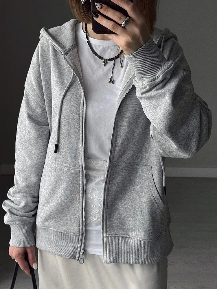 Hoodies Oversized Zip Up Sweatshirt Women White Cotton Fall Sweatshirt With Hood Zipper Gray Hooded Sweatshirts Zip Coat Women