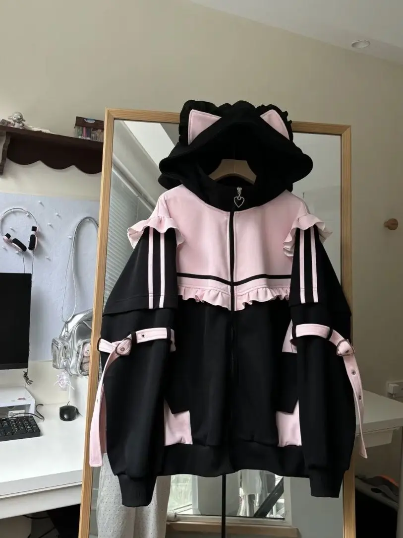 Japanese Kawaii Contrast Color Hoodies Coat Women Ruffled Patchwork Loose Sweatshirt Harajuku Zipper Y2k Aesthetic Casual Hoody