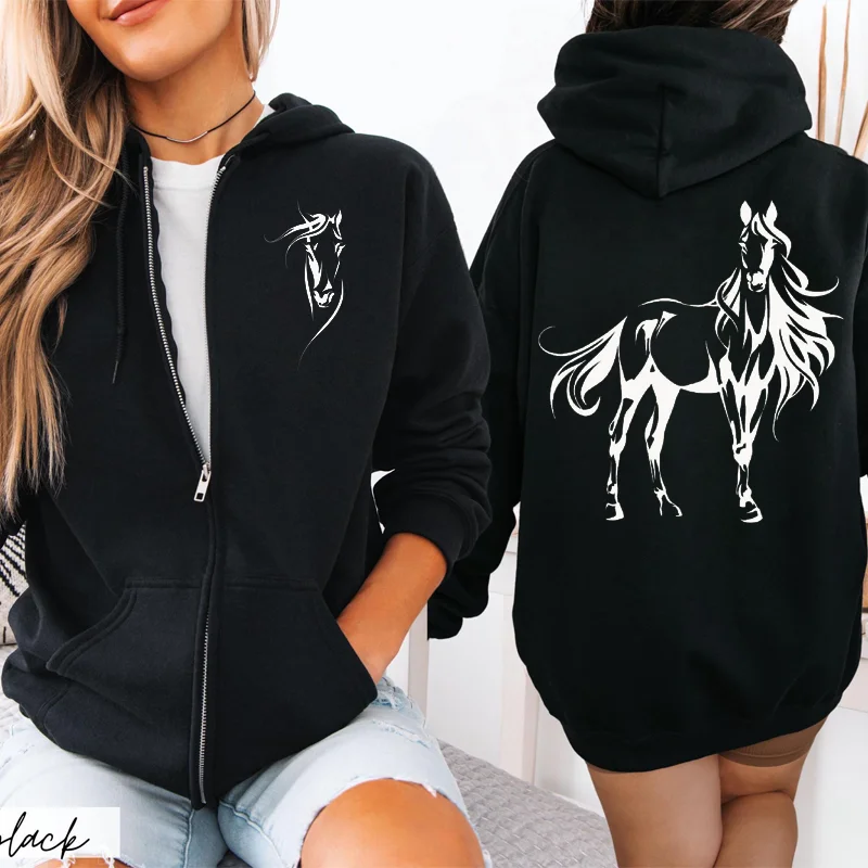 Western Horse Print Women's Fleece Hoodies Zipper Sportwear Sweatshirts Horse Lovers Zip Up Women Hoodies Hip Hop Streetwear