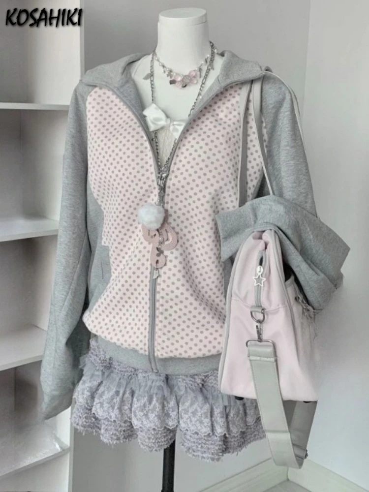 Japanese Polka Dot Patchwork Hooded Coat Y2k Aesthetic Women Contrast Color Casual Loose Jackets Harajuku Autumn Zipper Jacket