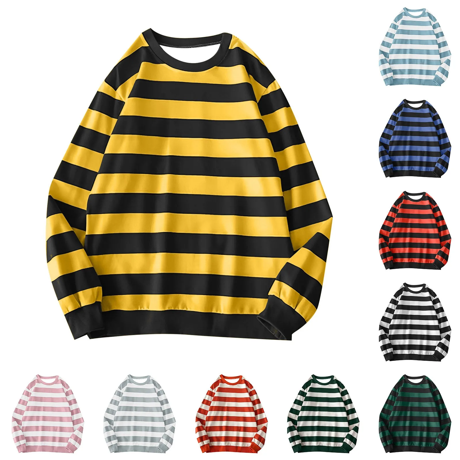 Women's Long-Sleeve Striped Sweatshirt Casual Crewneck Oversized Pullover Harajuku Loose Fit Stripe Fall Street Sweatshirt Top