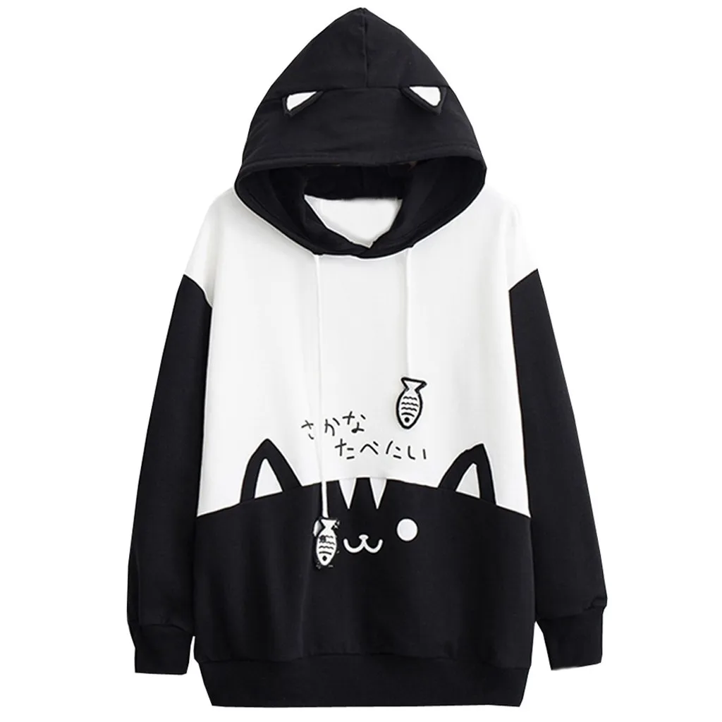 Spring Ladies Long Sleeve Cat Sweatshirt Womens Casual Kitty Cat Print Pocket Thin Hoodie Blouse Top Shirt худи женское платье
